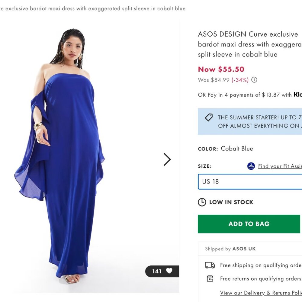 ASOS Royal Blue Maxi Dress with Split Sleeve